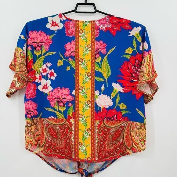 Umgee Tie Front Boho Hippie Blouse Womens Size Medium Folkloric Flutter Sleeve - Picture 9 of 10